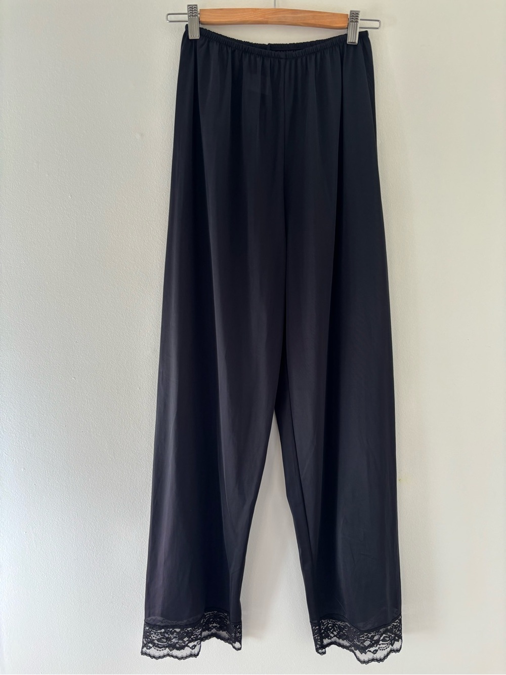 Black Satin Wide Leg Lounge Pants with Lace Trim
